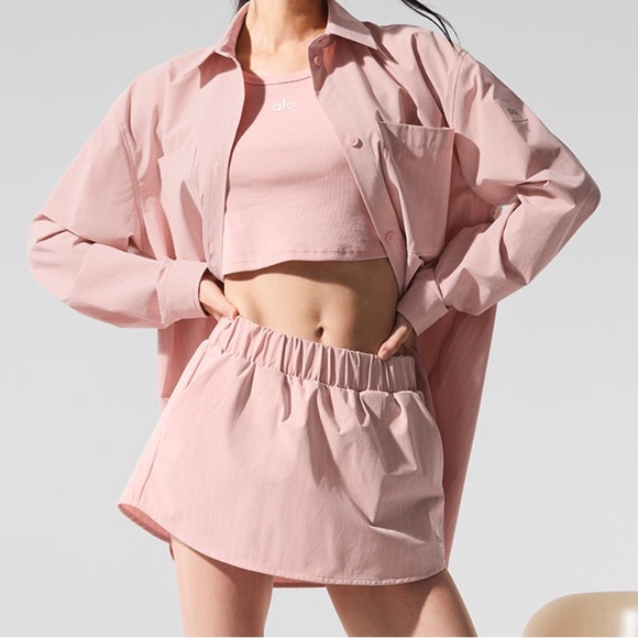 NWT ALO YOGA Pinstripe Daylight Mini Skirt Pink Quartz Ivory - Picture 3 of 9